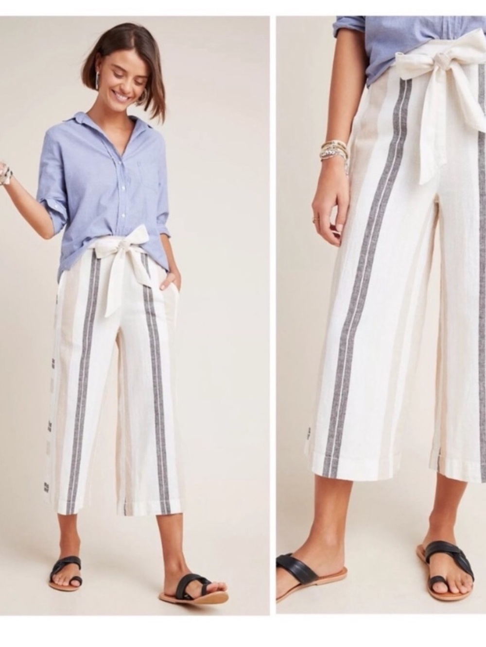 Anthropologie Shorebound Striped Linen Wide Leg Cropped Pants XS
